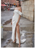 Off Shoulder Ivory Satin Slit Classic Wedding Dress